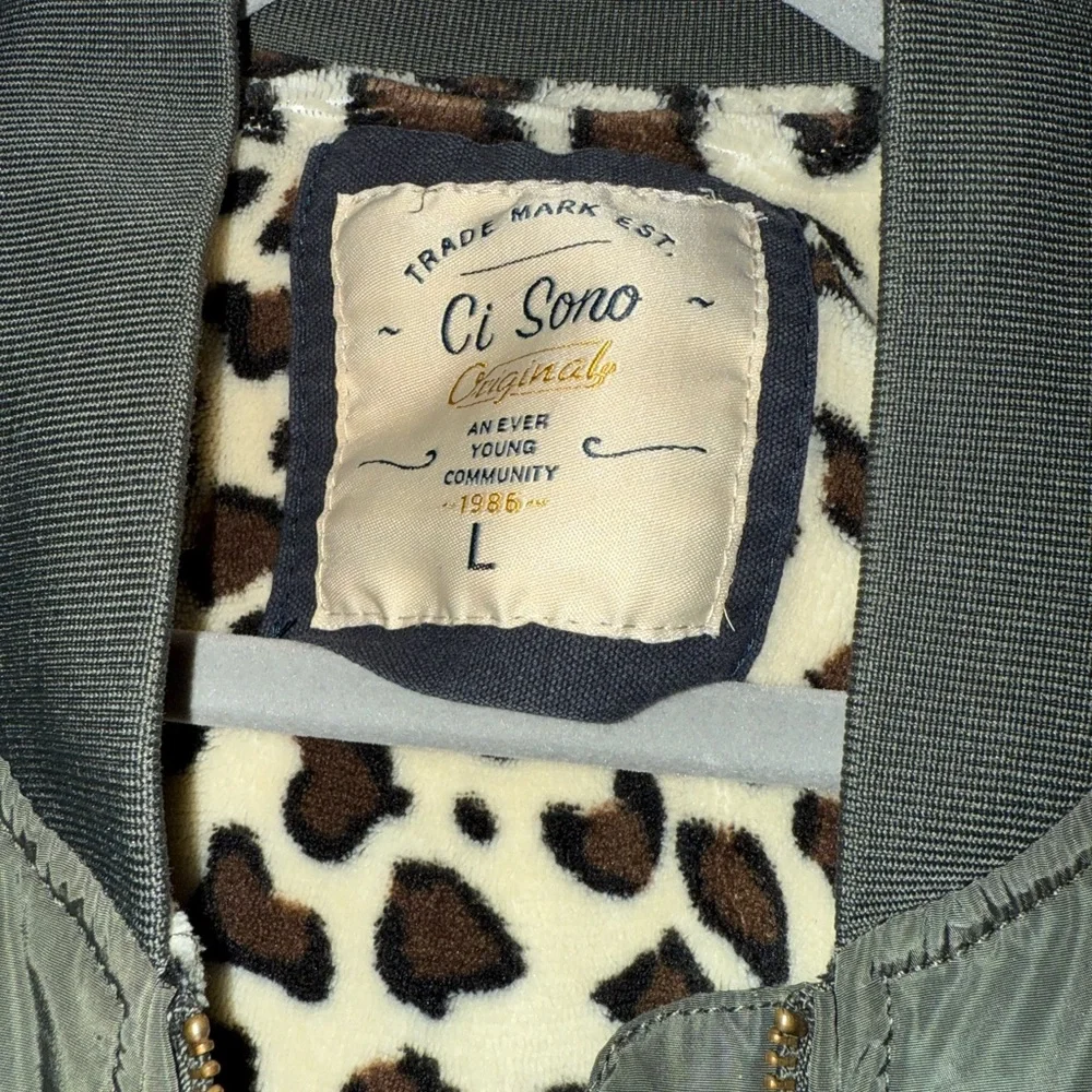 Olive Green Bomber Jacket with Leopard Lining - Picture 2 of 3
